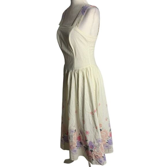 Vintage 80s Floral Stripe Swing Dress S White Sleeveless Boning Cottage Core - Picture 7 of 8